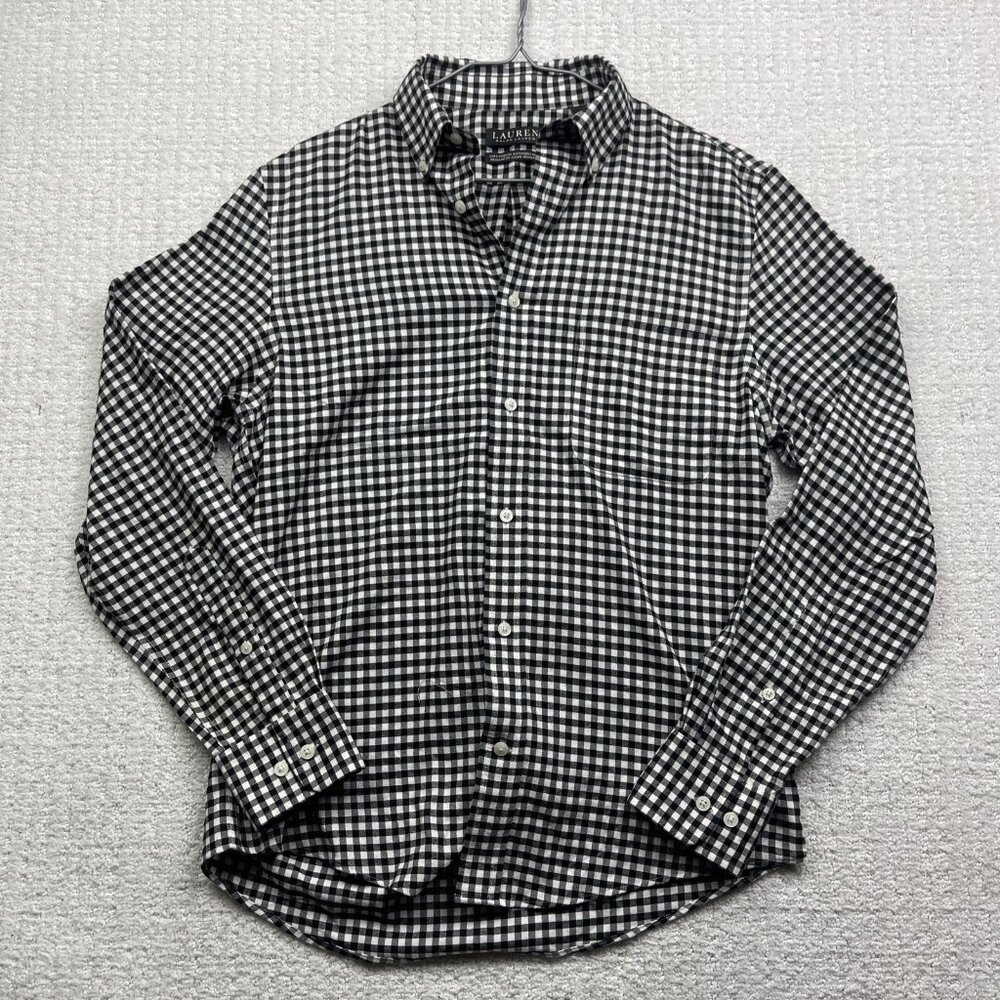 Ralph Lauren LRL Linen Button Up Shirt Women's Petite Medium Gingham Black White